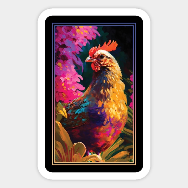 Chicken Rooster Vibrant Tropical Flower Tall Digital Oil Painting Portrait Sticker by ArtHouseFlunky